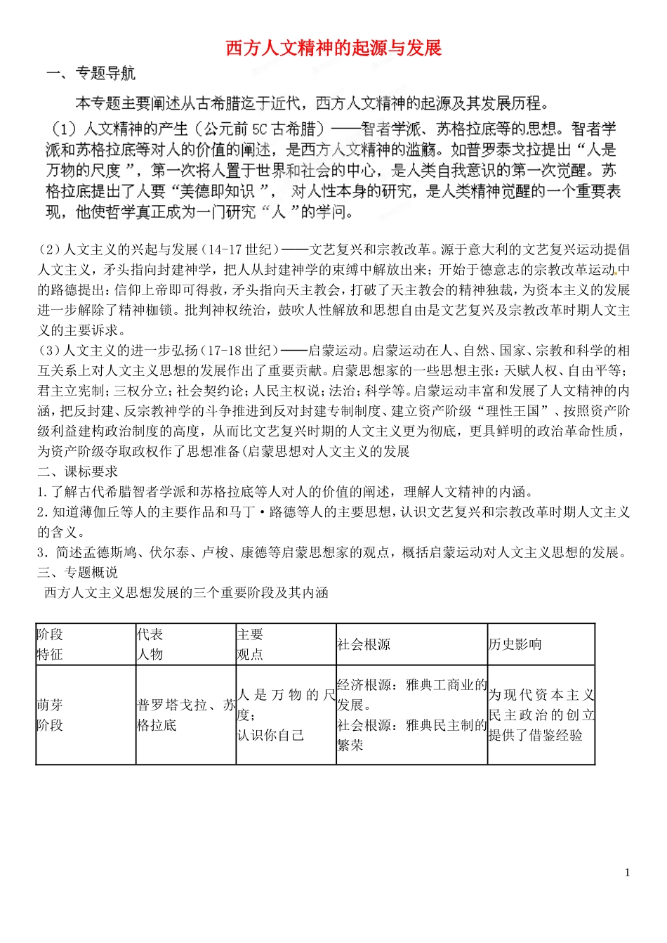 河北省乐亭新寨高级中学2014年高中历史 西方人文主义的起源和发展教案 新人教版必修3_第1页