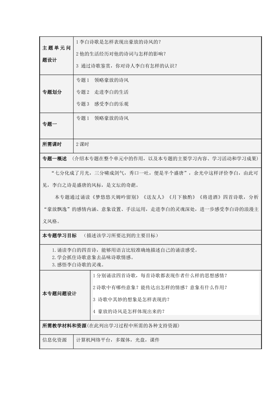 山东省临清市高中2012-2013学年高二语文“梦回大唐，剑气诗情”主题单元设计_第3页