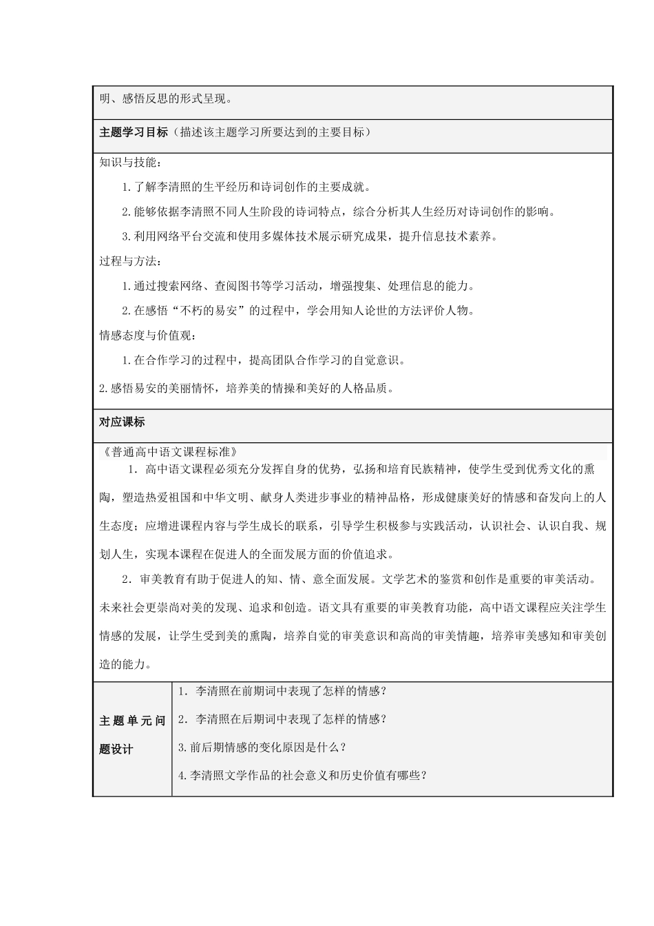 山东省青岛市高中2012-2013学年高二语文 不朽的易安主题单元设计_第2页