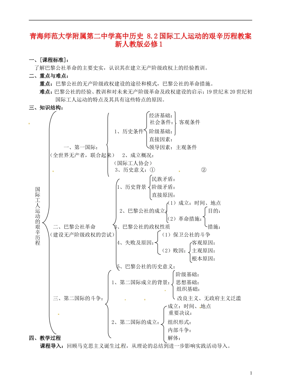 青海师范大学附属第二中学高中历史 8.2国际工人运动的艰辛历程教案 新人教版必修1_第1页