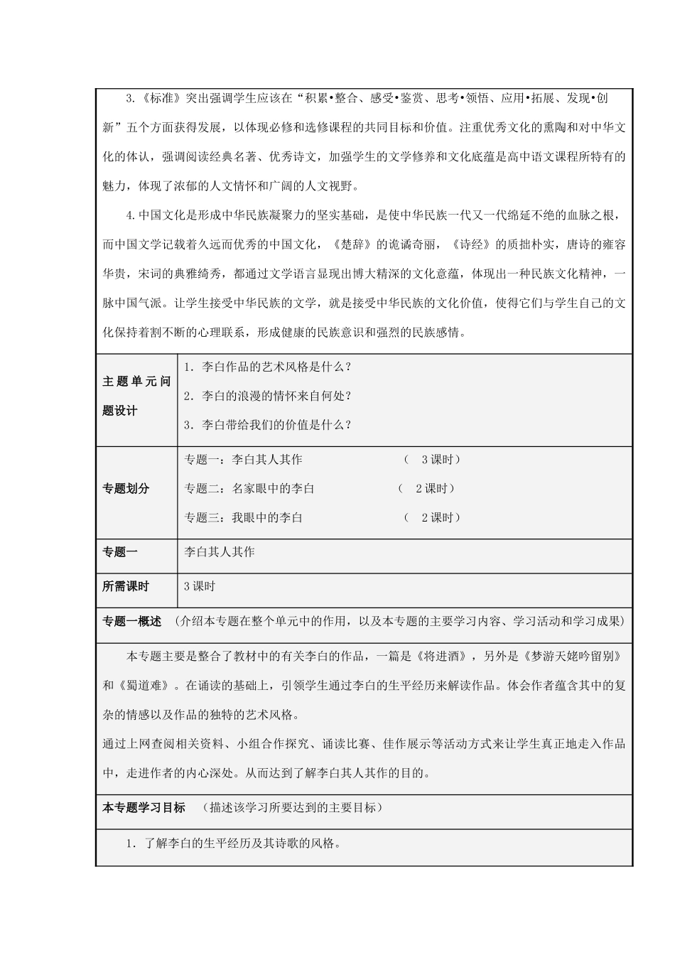 山东省临邑一中2012-2013学年高二语文 浪漫诗仙李白”主题单元设计主题单元设计_第3页