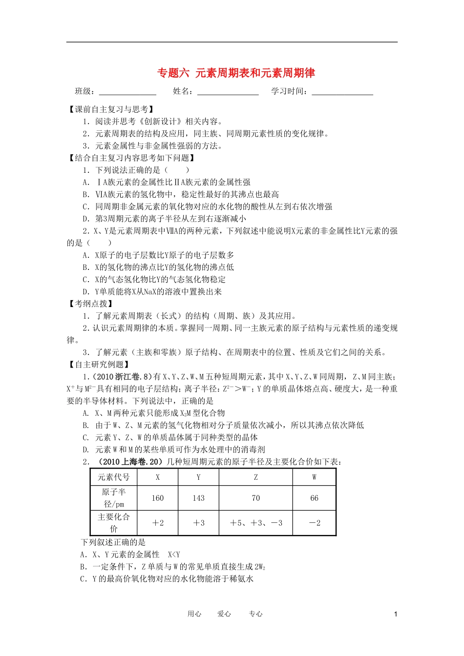 江苏省兴化市2011高三化学二轮复习 专题六 元素周期表和元素周期律 指导性教案_第1页