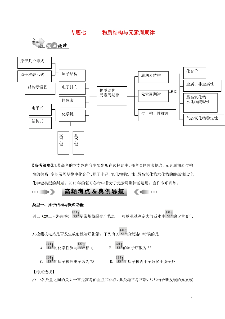 江苏省2013年高考化学二轮 专题七 物质结构与元素周期律最新讲义_第1页