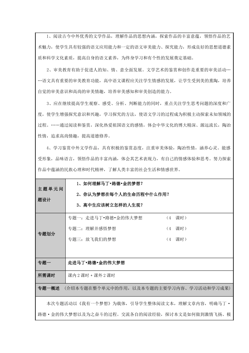 山东省临沂市高中2012-2013学年高一语文 放飞梦想主题主题单元设计_第3页