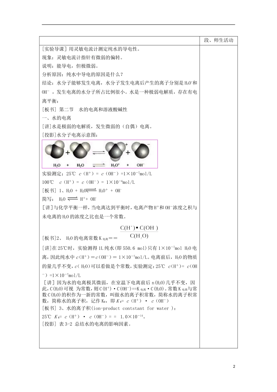 江苏省平潮高级中学高中化学集体备课 《第三章 水溶液中的离子平衡》第二节 水的电离和溶液的酸碱性教案 苏教版选修4_第2页