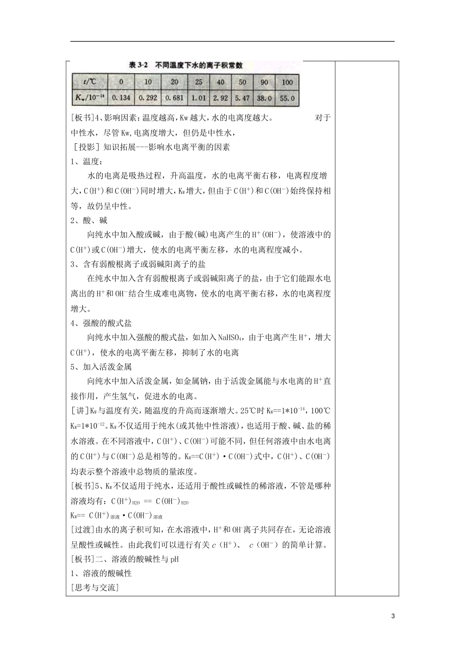 江苏省平潮高级中学高中化学集体备课 《第三章 水溶液中的离子平衡》第二节 水的电离和溶液的酸碱性教案 苏教版选修4_第3页