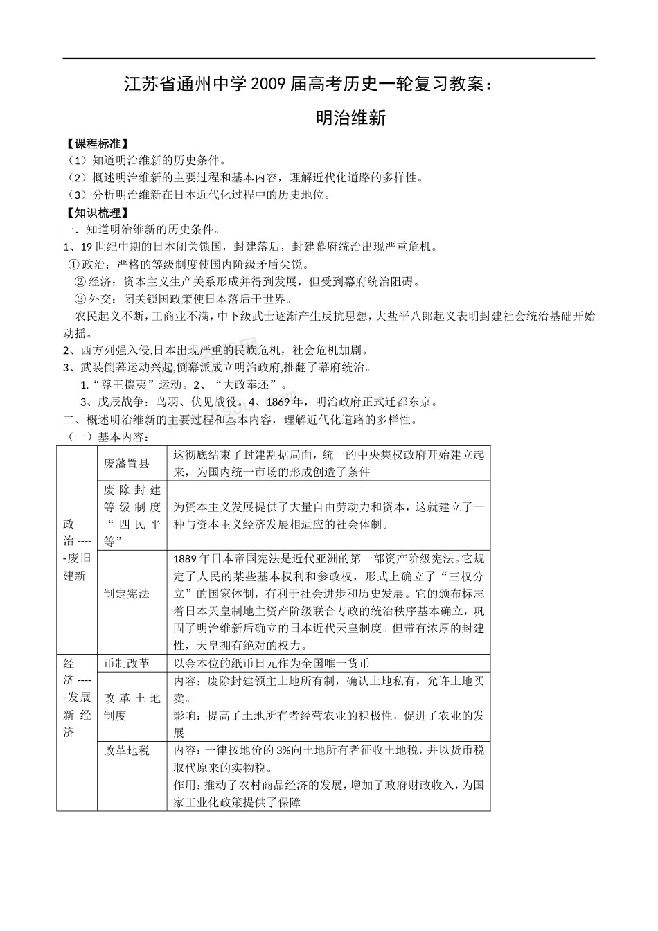 江苏省通州中学2009届高考历史一轮复习教案：明治维新_第1页