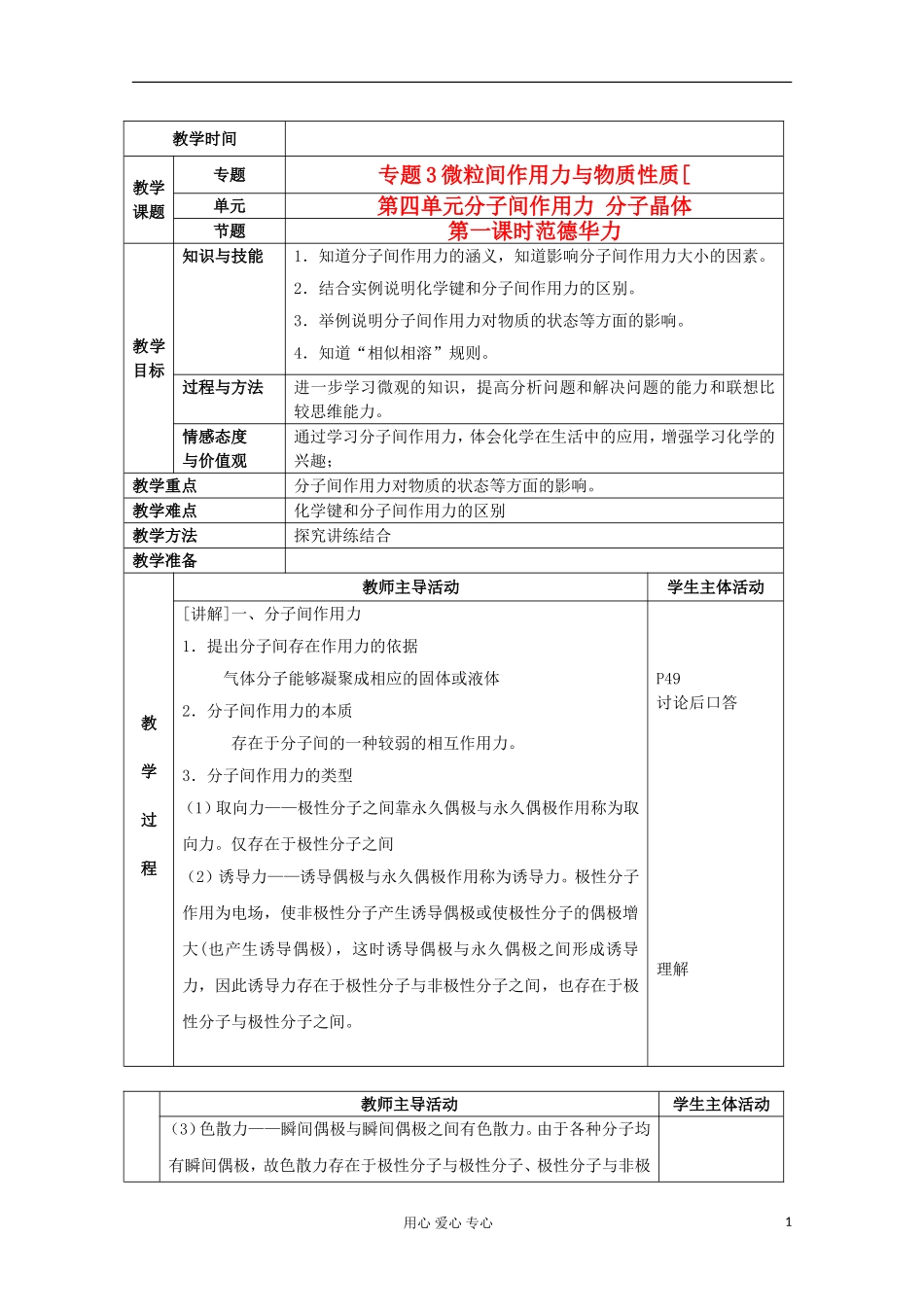 江苏省新沂市王楼中学高中化学 《第四单元分子间作用力 分子晶体 范德华力》教案 新人教版选修3_第1页