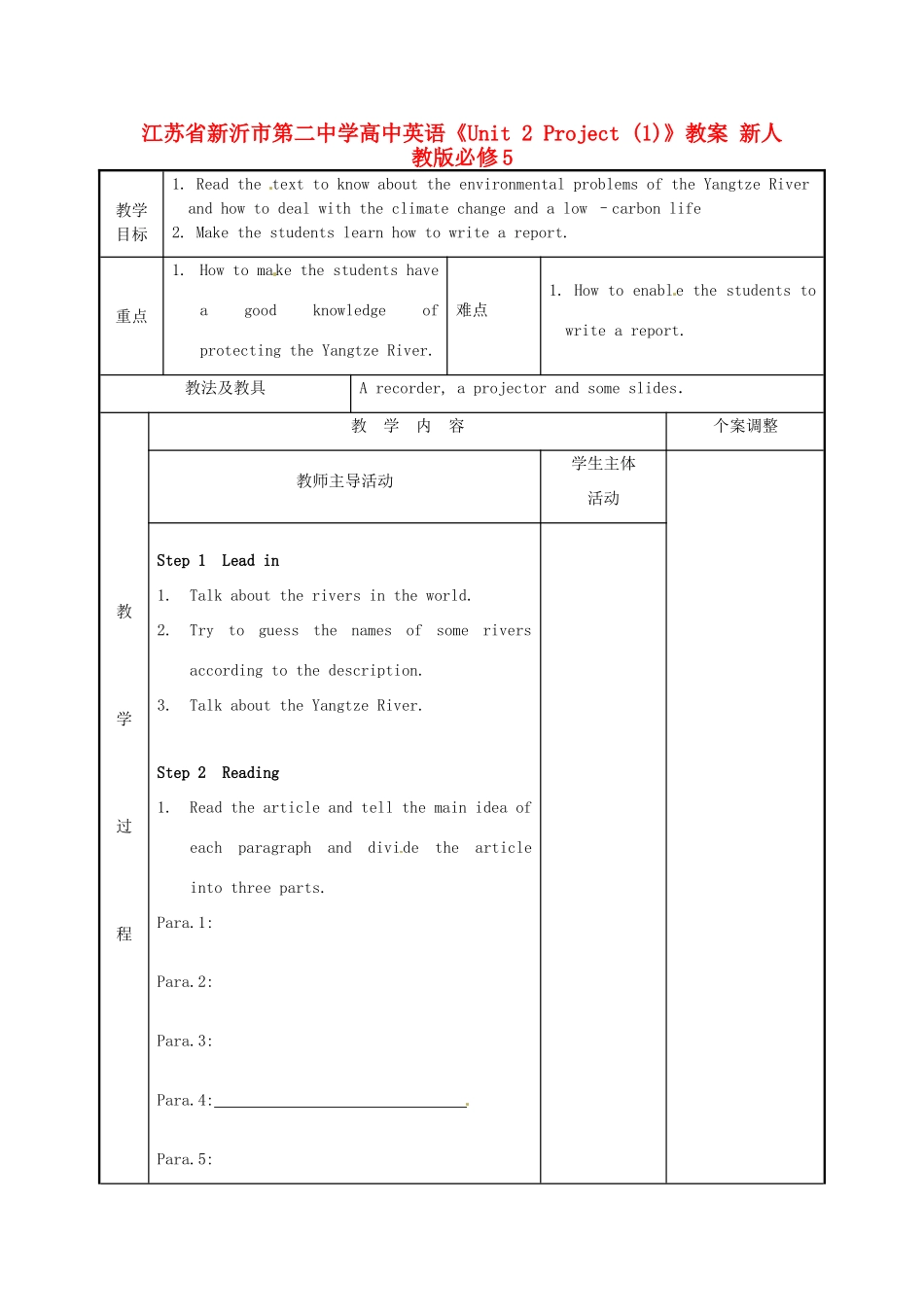 江苏省新沂市第二中学高中英语《Unit 2 Project (1)》教案 新人教版必修5_第1页