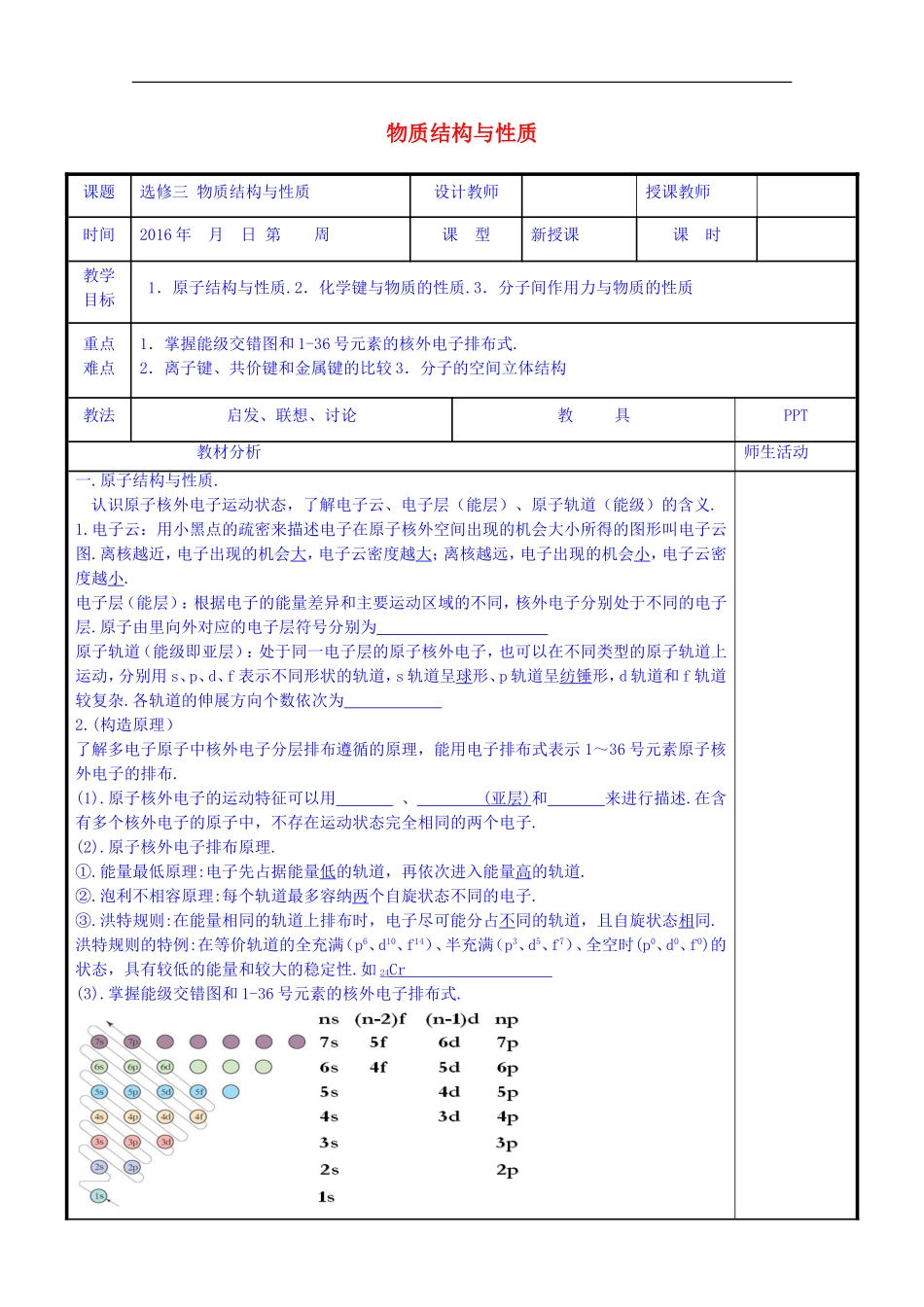 化学 物质结构与性质复习教案 新人教版选修3-新人教版高二选修3化学教案_第1页