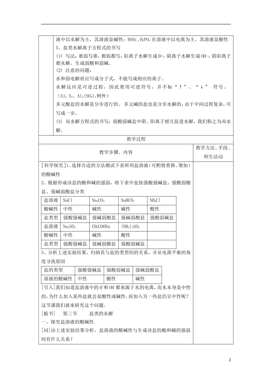 江苏省平潮高级中学高中化学集体备课 《第三章 水溶液中的离子平衡》第三节 盐类的水解教案 苏教版选修4_第2页