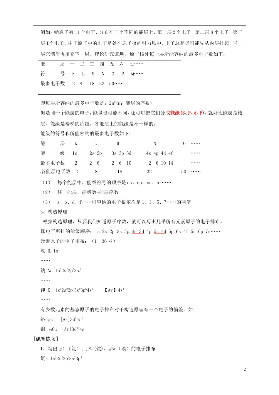 山东省单县职高2013-2014年高中化学 1.1原子结构（第1课时）教案 新人教版选修3_第2页