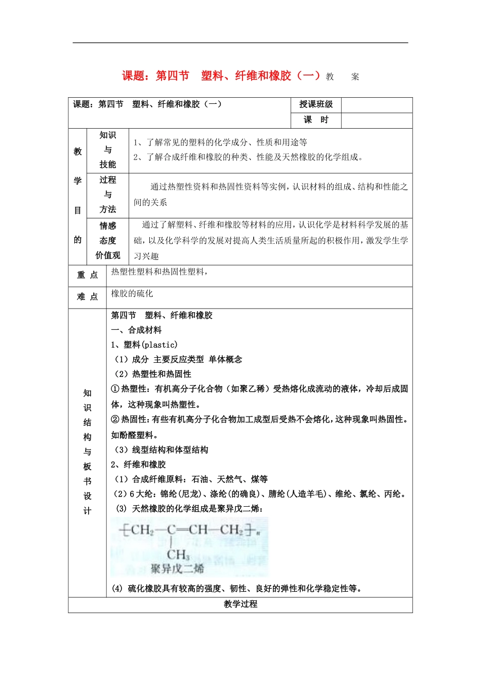 江苏省平潮高级中学高中化学集体备课 《第三章 探索生活材料》第四节　塑料、纤维和橡胶教案 苏教版选修1_第1页