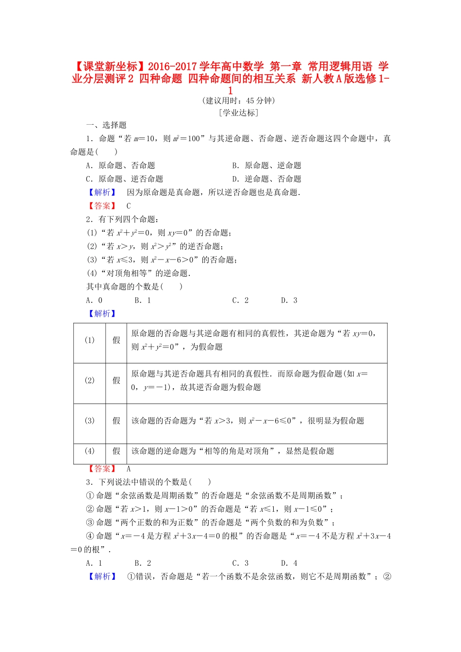 高中数学 第一章 常用逻辑用语 学业分层测评2 四种命题 四种命题间的相互关系 新人教A版选修1-1-新人教A版高一选修1-1数学试题_第1页