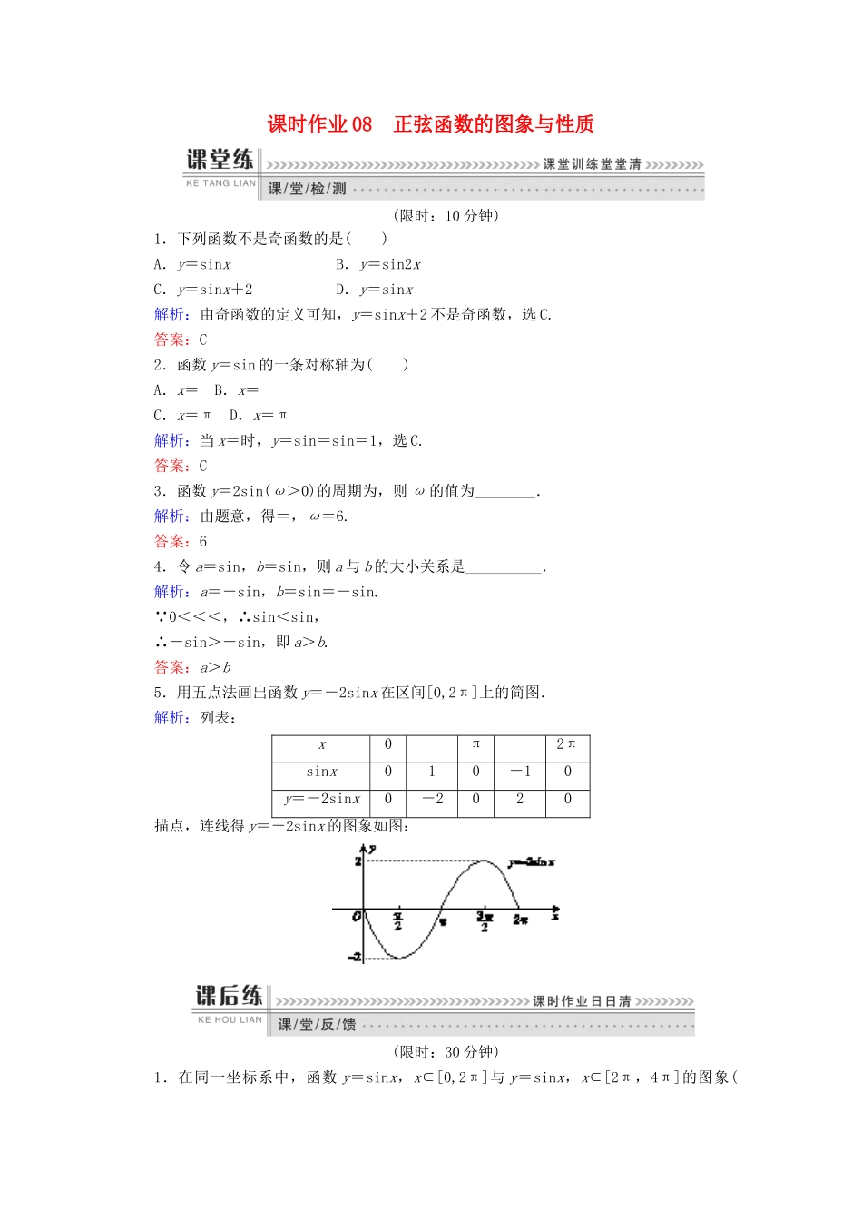 高中数学 第一章 基本初等函（Ⅱ）课时作业08 正弦函数的图象与性质 新人教B版必修4-新人教B版高一必修4数学试题_第1页
