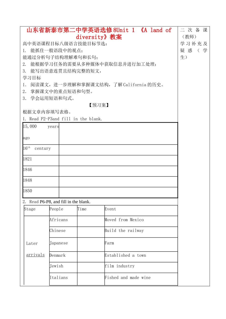 山东省新泰市第二中学高中英语 Unit 1 《A land of diversity》教案 新人教版选修8_第1页