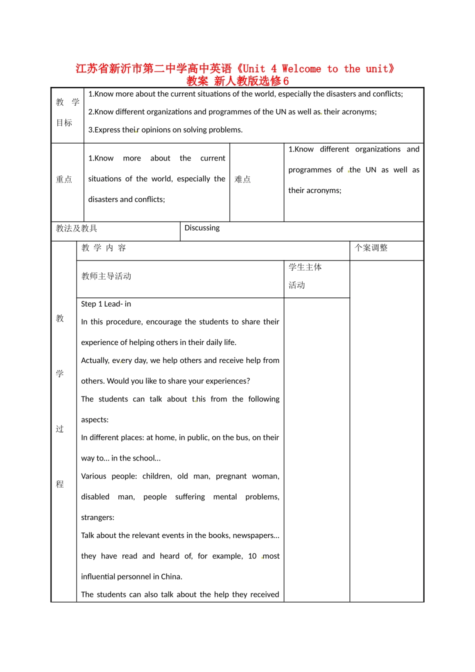 江苏省新沂市第二中学高中英语《Unit 4 Welcome to the unit》教案 新人教版选修6_第1页