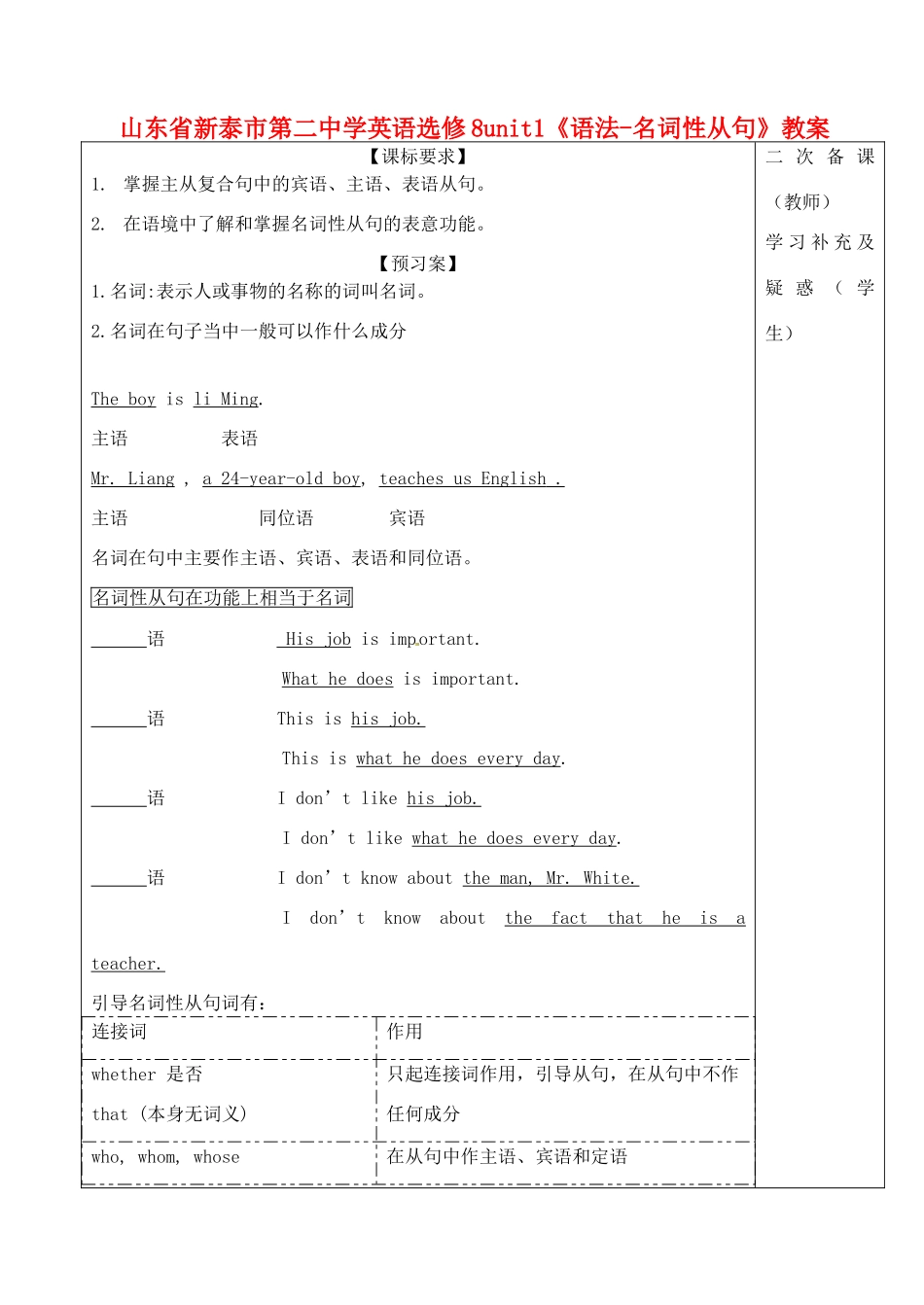 山东省新泰市第二中学高中英语 Unit1《语法-名词性从句》教案 新人教版选修8_第1页