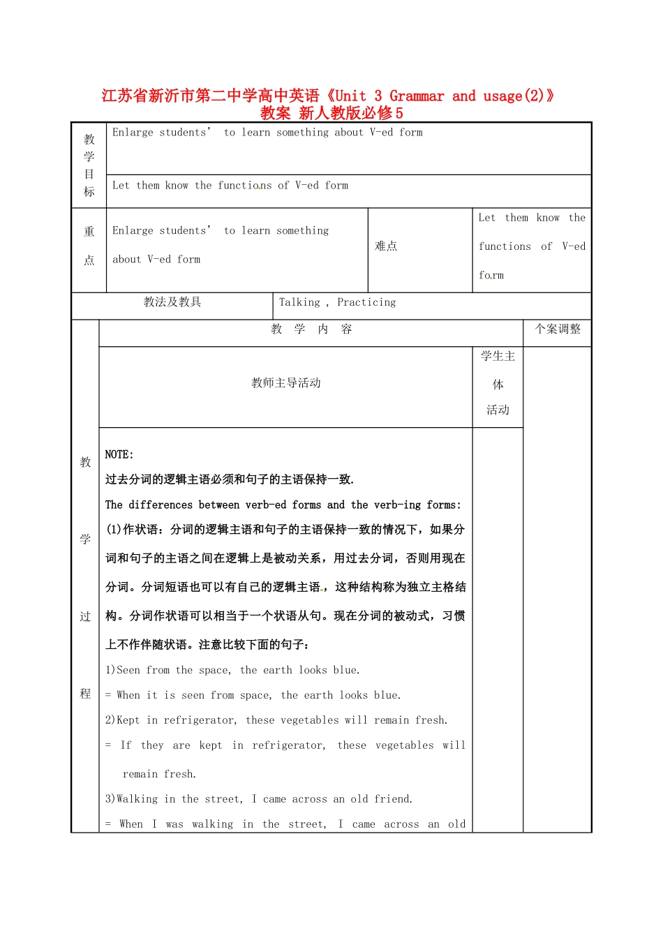 江苏省新沂市第二中学高中英语《Unit 3 Grammar and usage(2)》教案 新人教版必修5_第1页