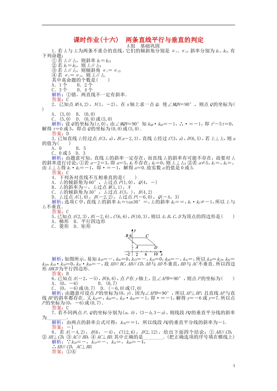 高中数学 第3章 第16课时 两条直线平行与垂直的判定课时作业 新人教A版必修2-新人教A版高一必修2数学试题_第1页