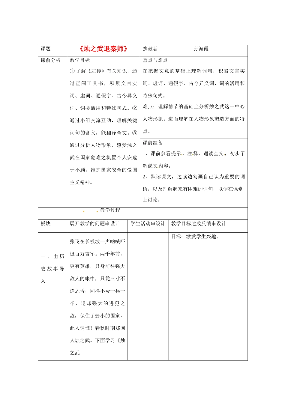 江苏省常州市西夏墅中学高中语文 烛之武退秦师（6）教案 苏教版必修3_第1页