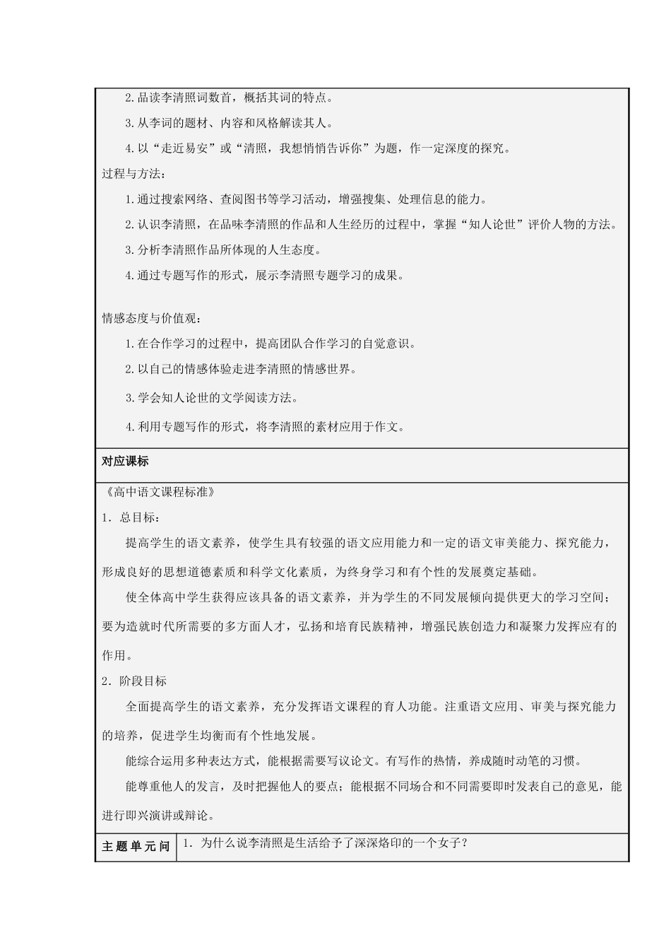山东省济南市长清区高中2012-2013学年高二语文 生活给予一个女子的烙印品读李清照主题单元设计_第2页