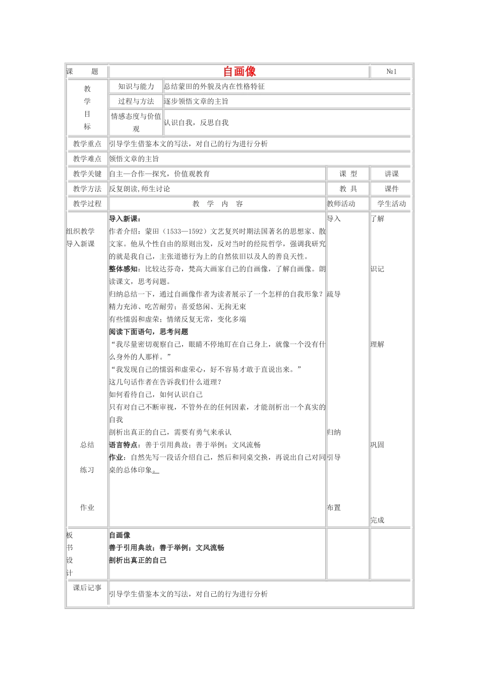 高中语文《自画像》教案1 新人教版选修外国诗歌散文欣赏_第1页