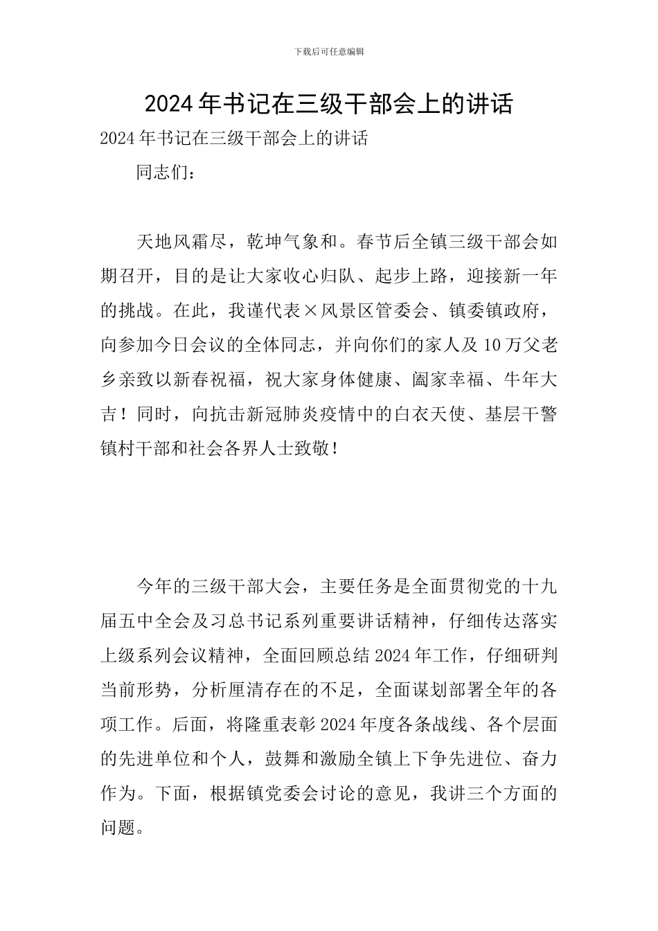 2024年书记在三级干部会上的讲话_第1页