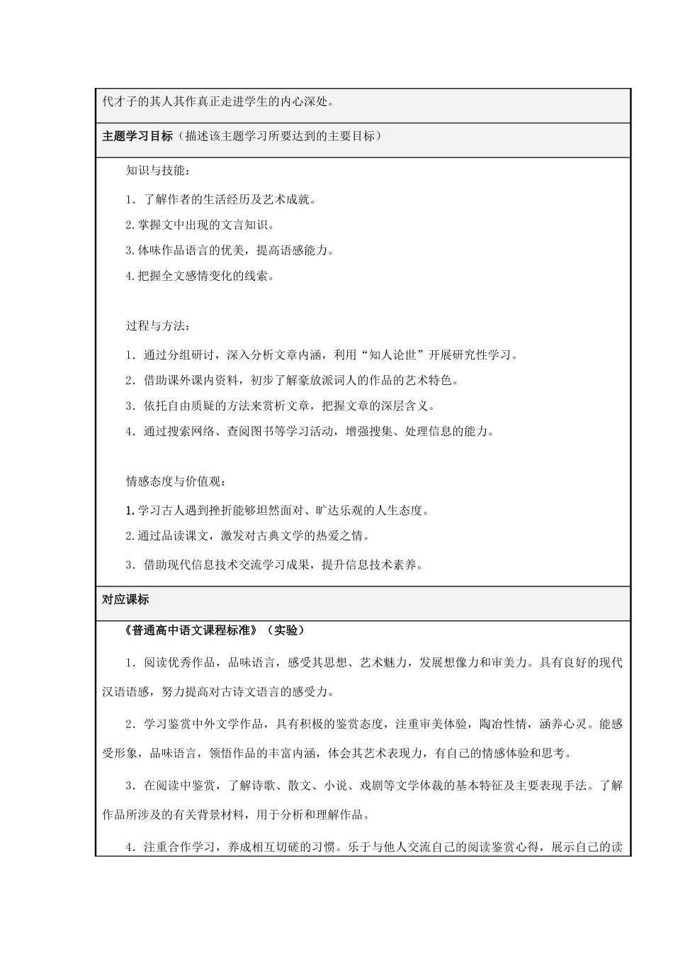 山东省平邑县一中高一语文《赤壁赋》里的旷达胸怀主题单元设计 鲁教版_第2页