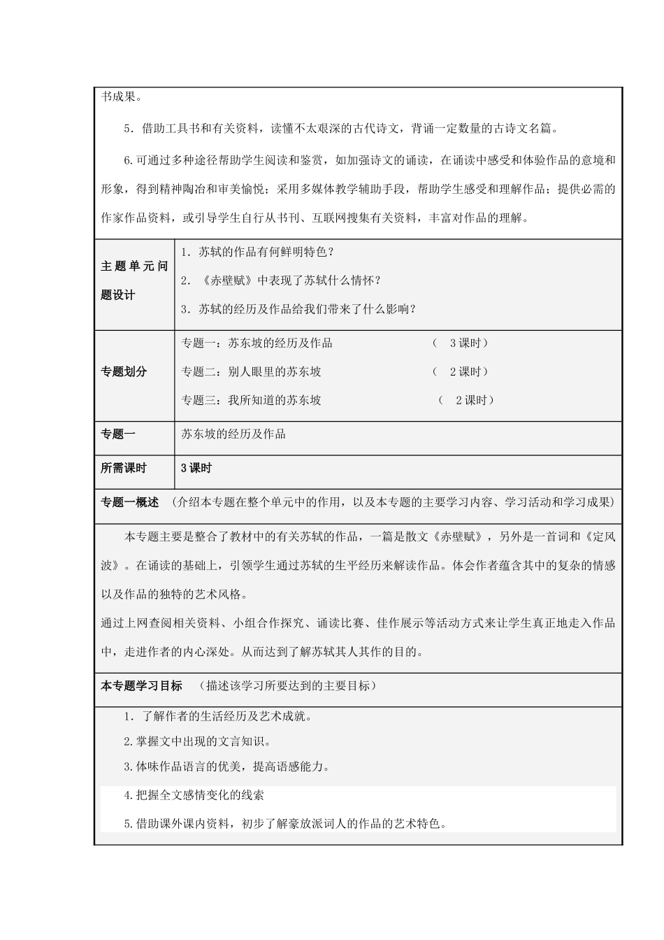 山东省平邑县一中高一语文《赤壁赋》里的旷达胸怀主题单元设计 鲁教版_第3页