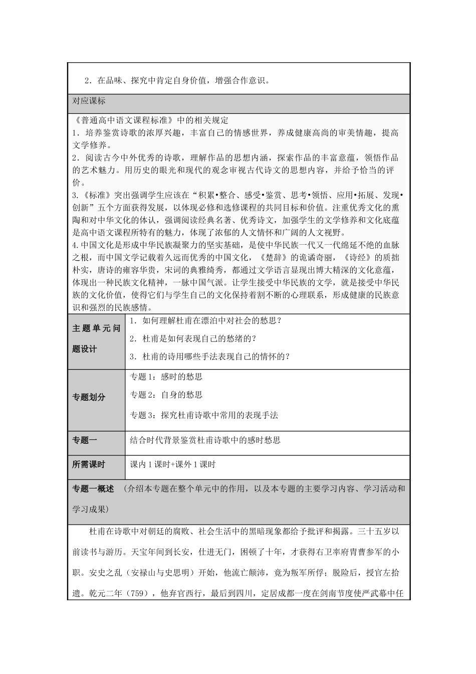 山东省临沂市高中2012-2013学年高二语文 杜甫诗歌中的愁思主题单元设计_第3页