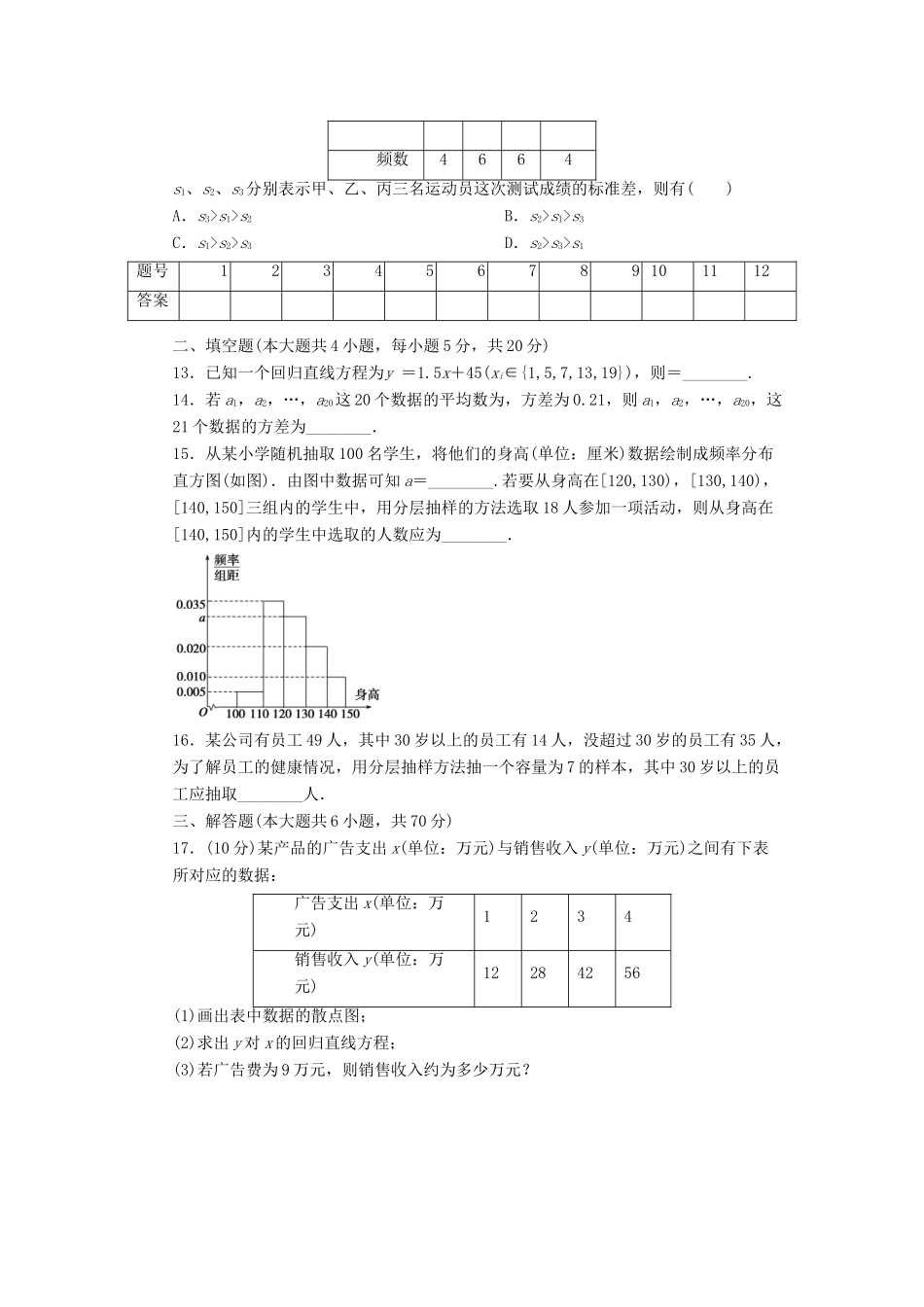 高中数学 第2章 统计单元检测B卷 新人教A版必修3-新人教A版高一必修3数学试题_第3页