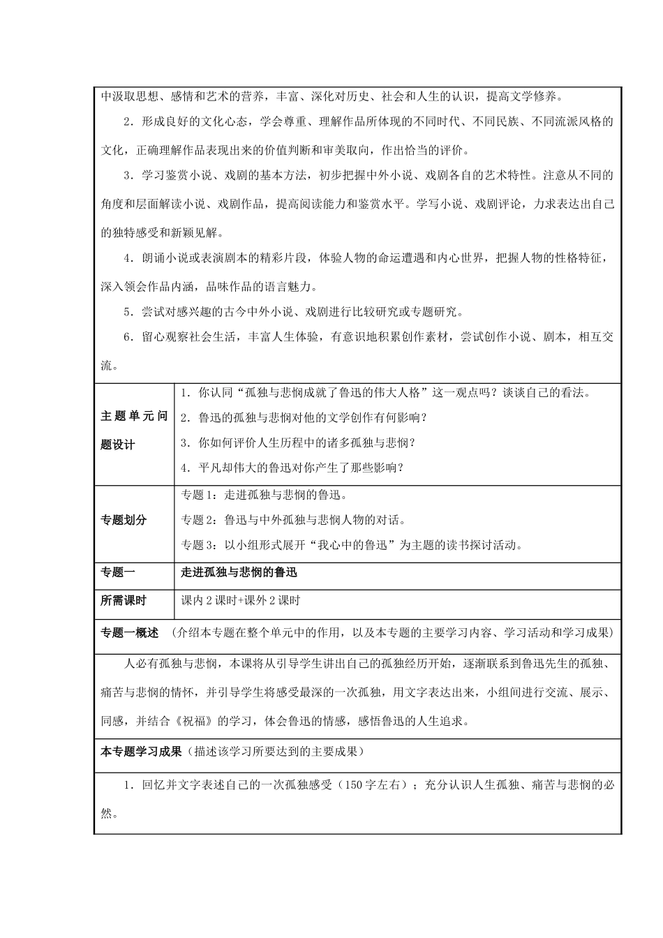 山东省临沂市高中2012-2013学年高二语文 感悟鲁迅的孤独与悲悯主题单元设计_第3页