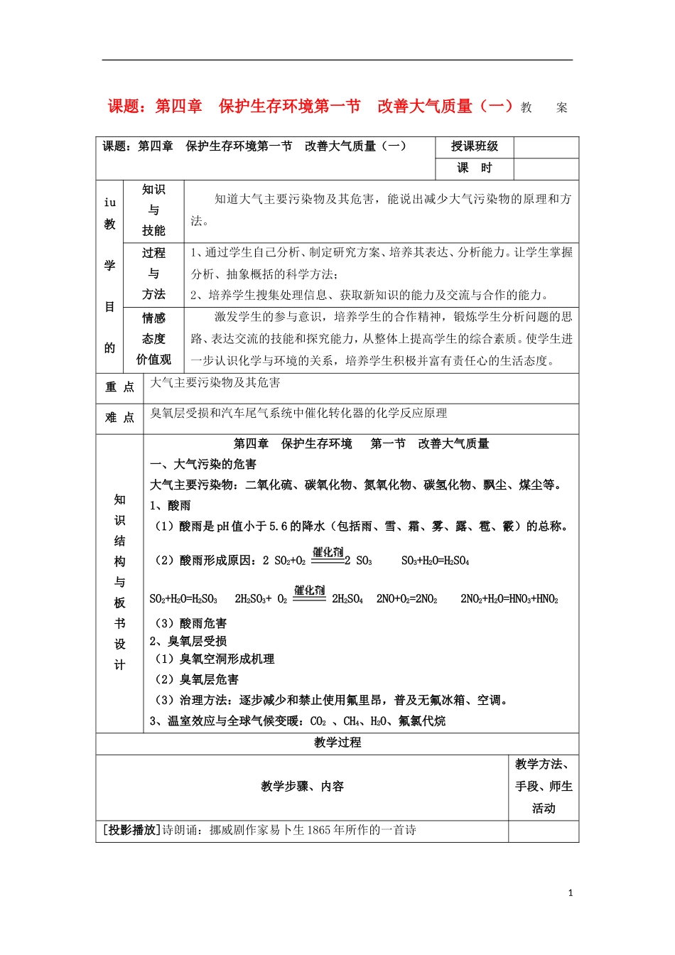 江苏省平潮高级中学高中化学集体备课 《第四章 保护生存环境》第一节　改善大气质量教案 苏教版选修1_第1页