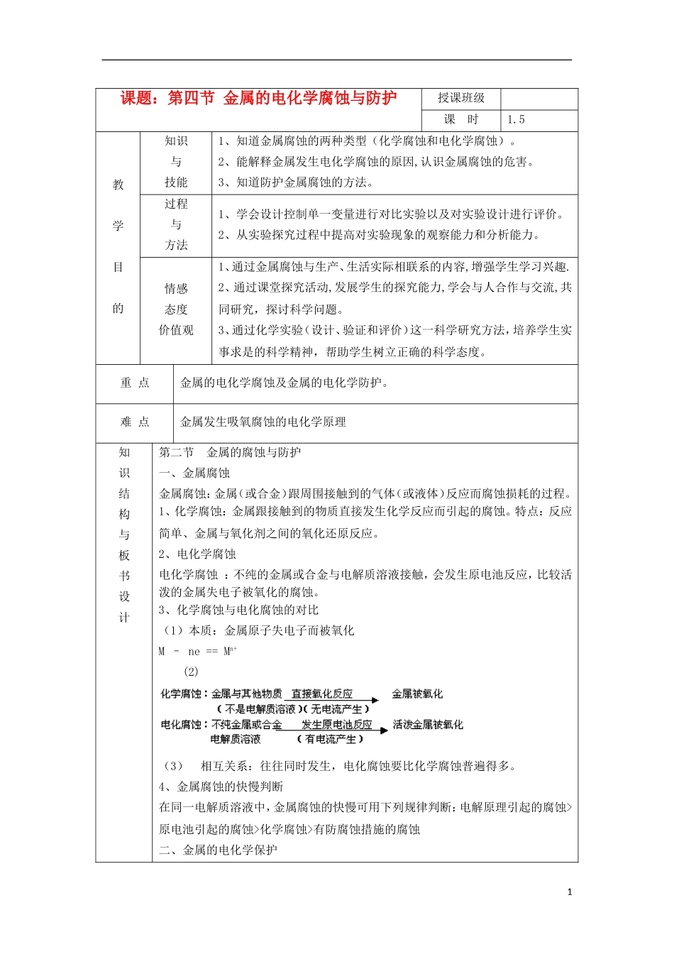 江苏省平潮高级中学高中化学集体备课 《第四章 电化学基础》第四节 金属的电化学腐蚀与防护教案 苏教版选修4_第1页