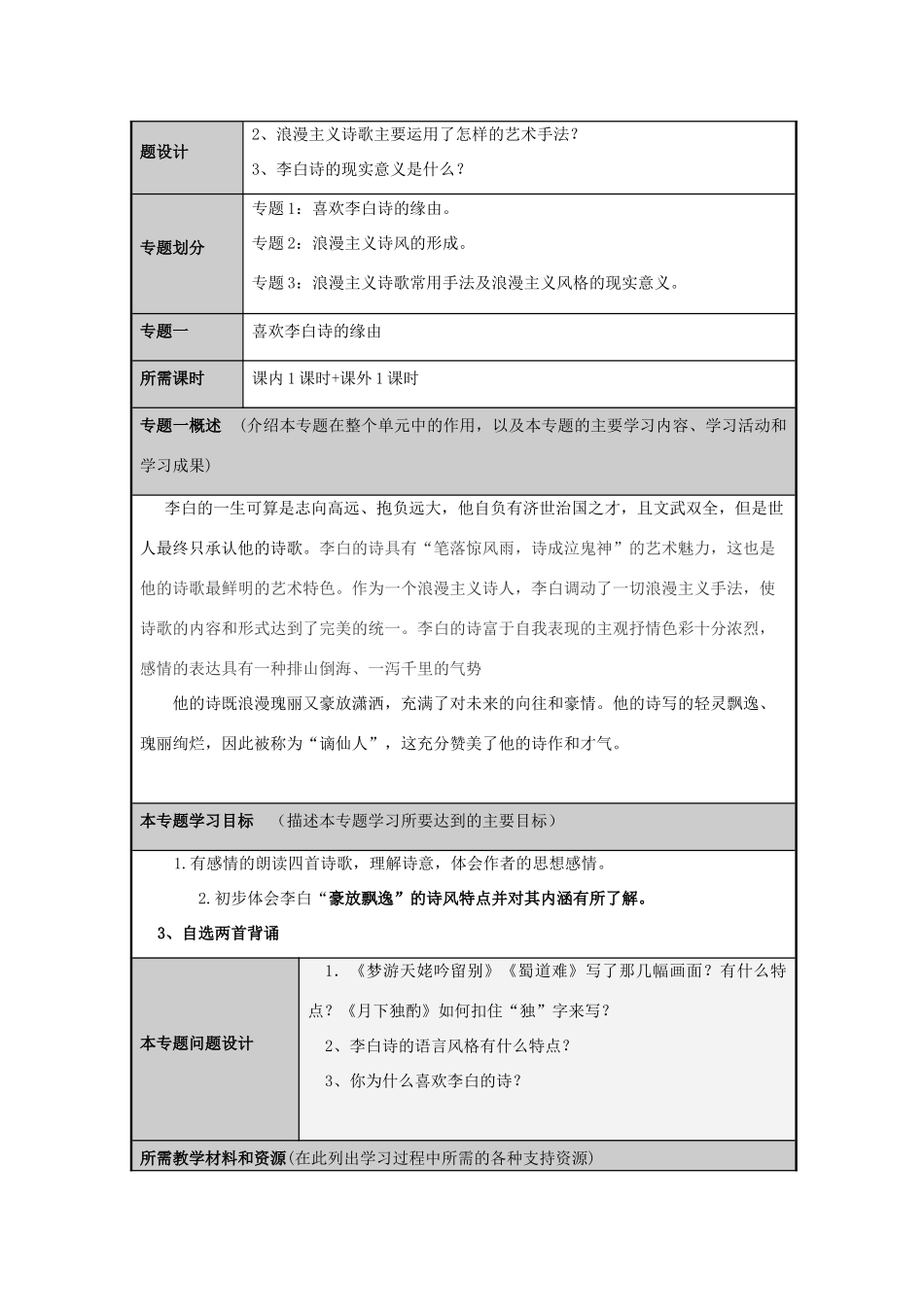 山东省临朐县高中2012-2013学年高二语文 触摸杜甫滚烫的情怀主题单元设计_第3页