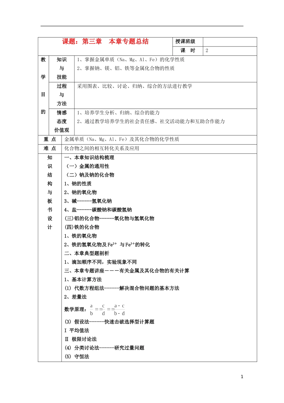 江苏省平潮高级中学高中化学集体备课 《第三章 金属及其化合物》第三章　专题总结教案 苏教版必修1_第1页