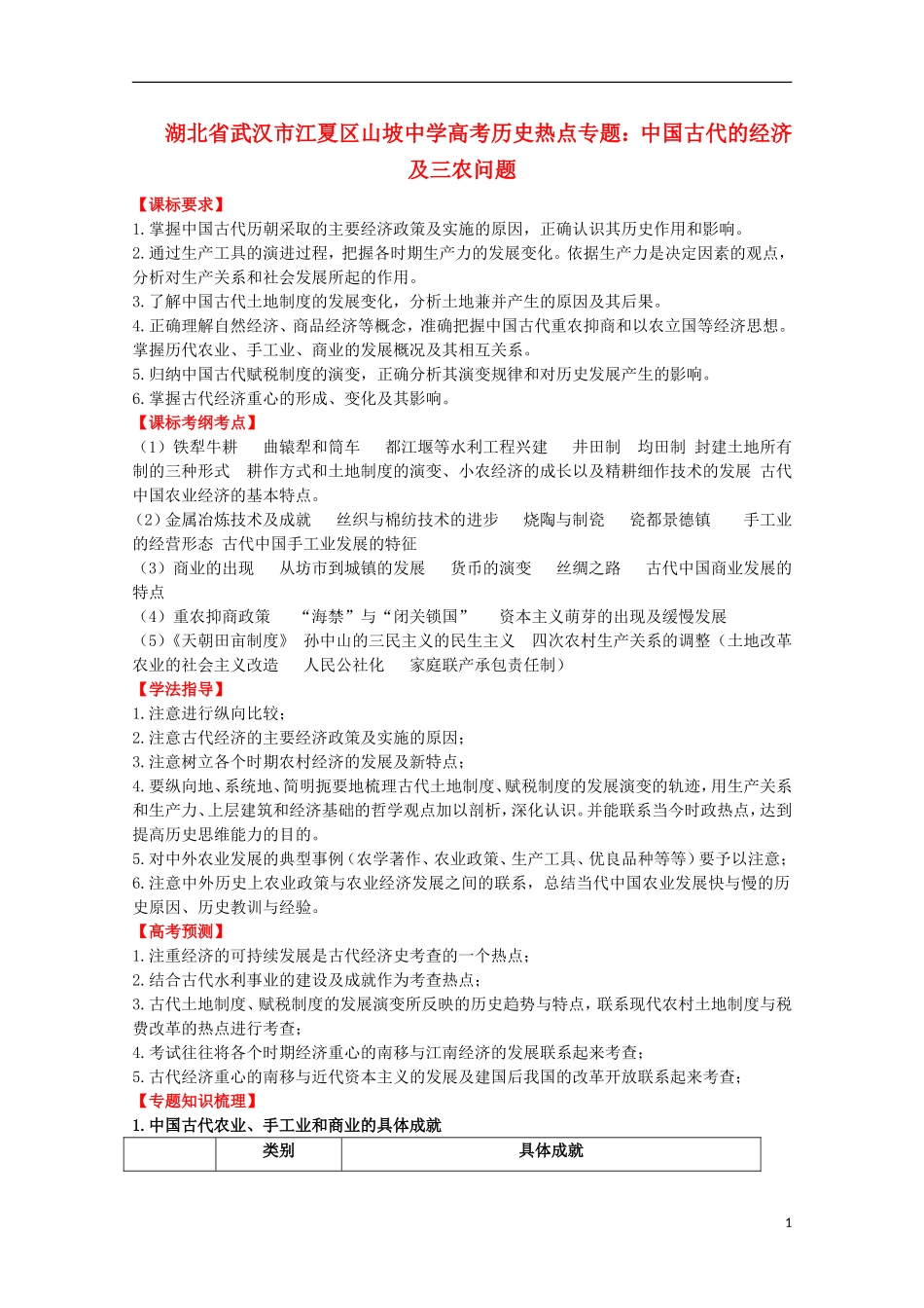 湖北省武汉市江夏区山坡中学高考历史 热点专题 中国古代的经济及三农问题_第1页