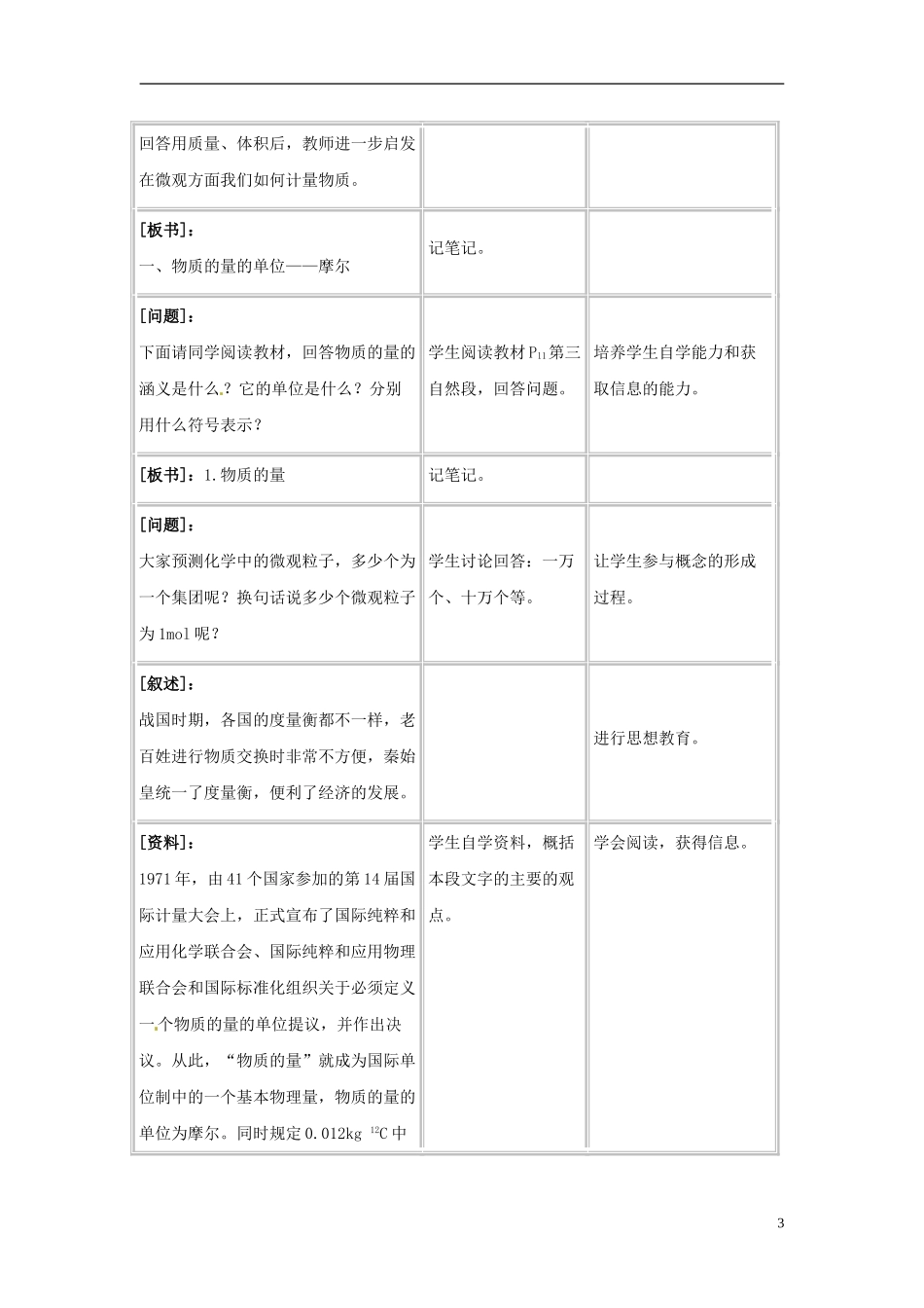 广东省揭阳一中2013-2014学年高中化学《第二节 化学计量在实验中的应用》第1课时《物质的量的单位 摩尔》优质教案1 新人教版必修1_第3页