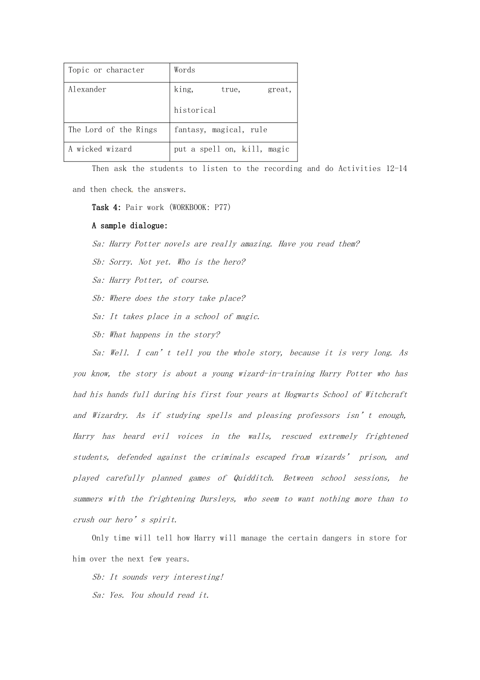 四川省宣汉中学2014高中英语 Module 2 Fantasy Literature The Fourth Period Listening教案 外研版选修6_第3页