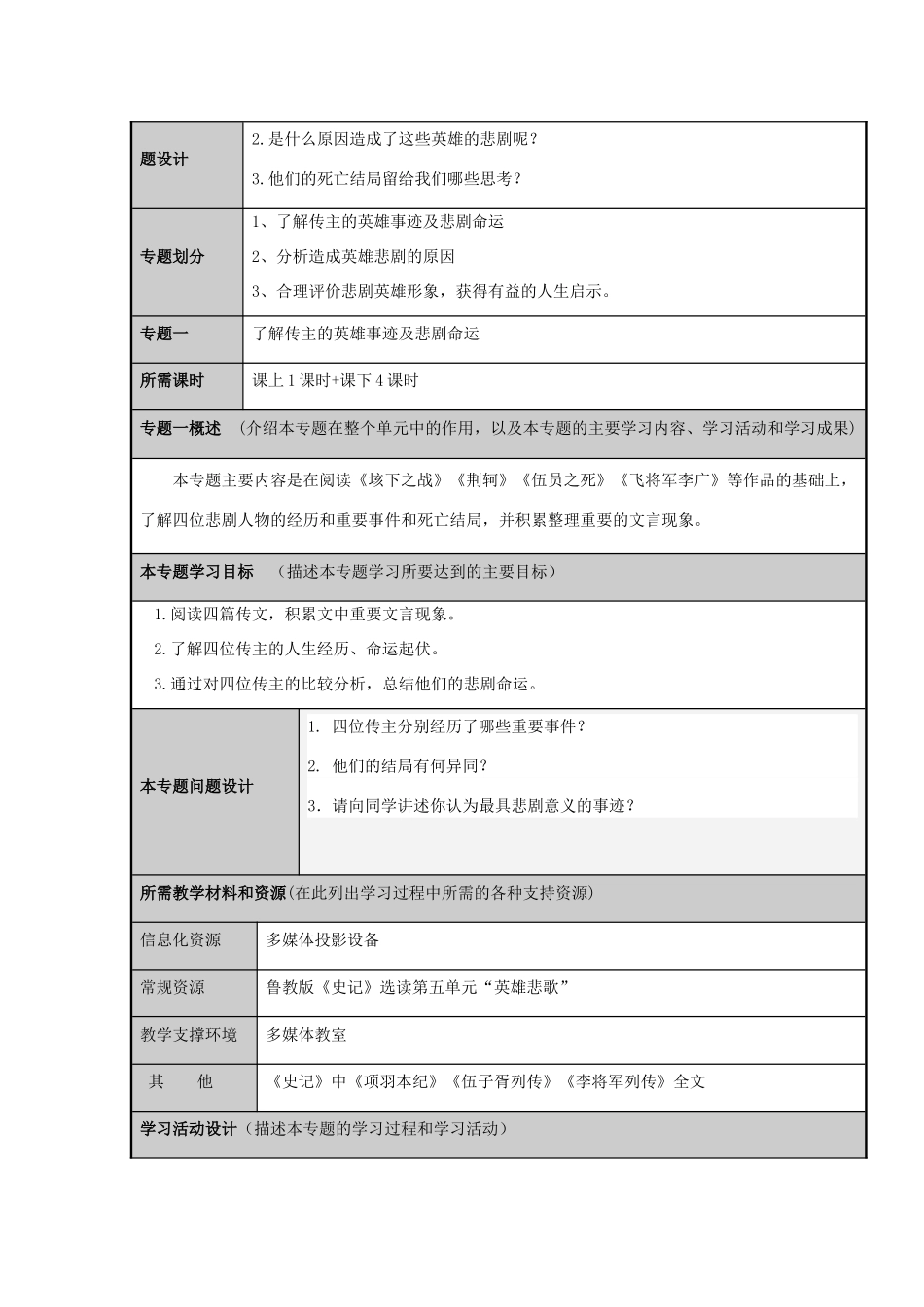 山东省济宁市实验中学2012-2013学年高三语文 悲剧英雄人生的体味与思考主题单元设计 鲁教版_第3页
