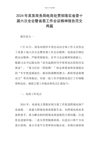 2024年某某商务局电商处贯彻落实省委十届六次全会暨省委工作会议精神报告范文两篇