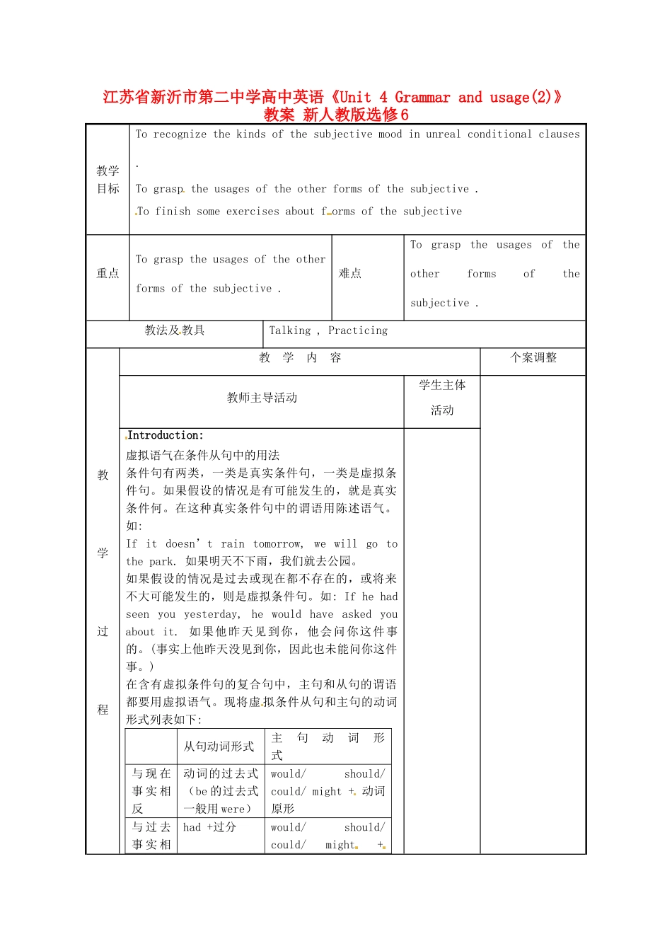 江苏省新沂市第二中学高中英语《Unit 4 Grammar and usage(2)》教案 新人教版选修6_第1页