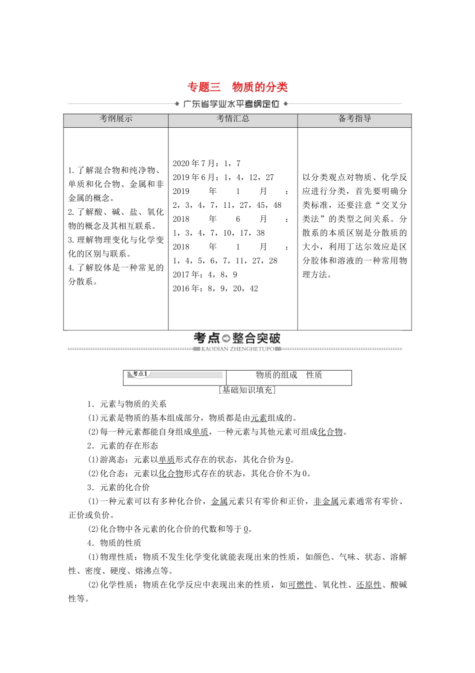 广东省高考化学总复习 第2章 化学物质及其变化 专题3 物质的分类教案-人教版高三全册化学教案_第1页