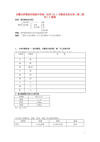 内蒙古伊图里河高级中学高一化学《2.1 分散系及其分类（第二课时）》教案