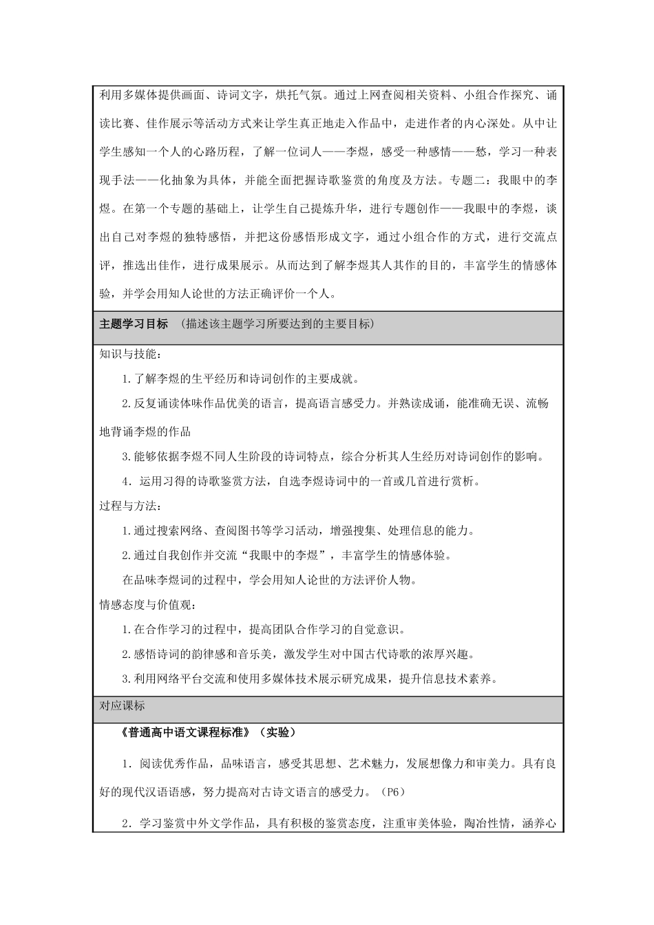 山东省临清市高中2012-2013学年高二语文 绝代才子、薄命君王李煜主题单元设计_第2页