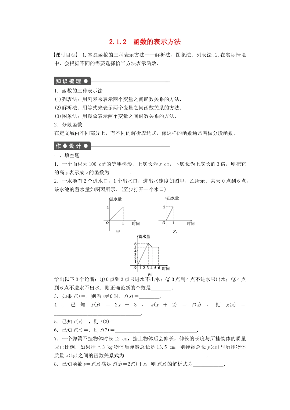 高中数学 第2章 函数 2.1.2 函数的表示方法课时作业 苏教版必修1-苏教版高一必修1数学试题_第1页