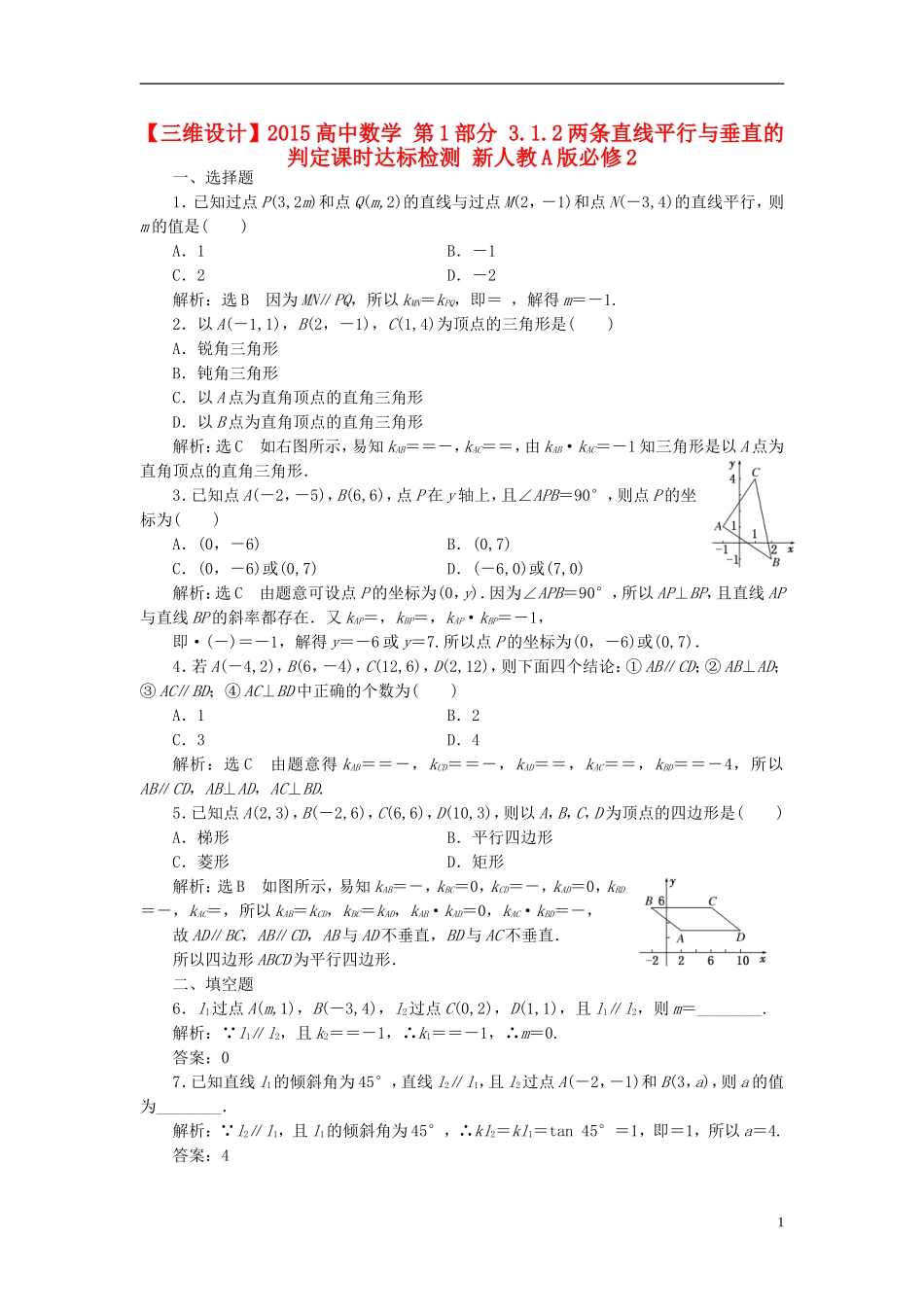 高中数学 第1部分 3.1.2两条直线平行与垂直的判定课时达标检测 新人教A版必修2-新人教A版高一必修2数学试题_第1页