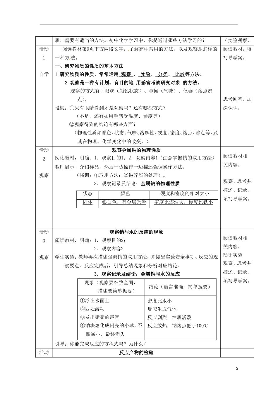 山东省滕州一中高一化学《研究物质的性质的基本方法 钠的性质》教案_第2页