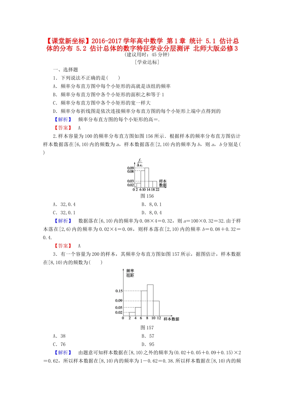 高中数学 第1章 统计 5.1 估计总体的分布 5.2 估计总体的数字特征学业分层测评 北师大版必修3-北师大版高一必修3数学试题_第1页